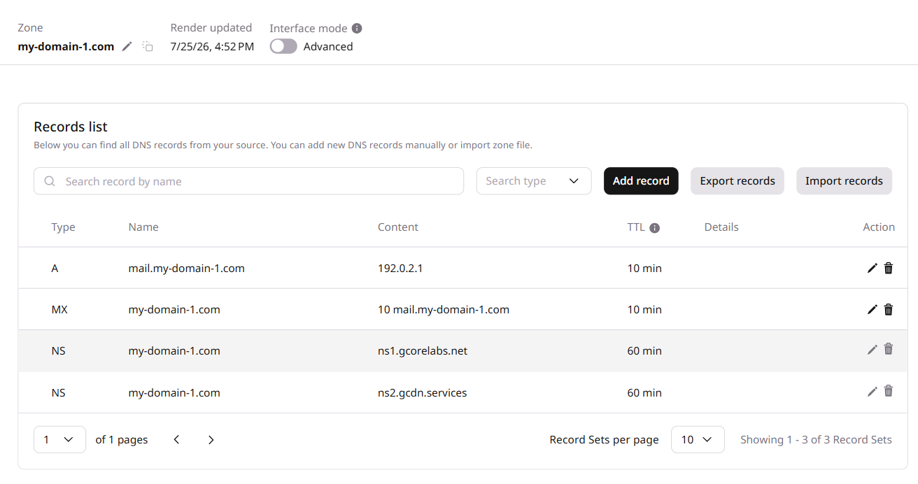 DNS records list with A and MX records added