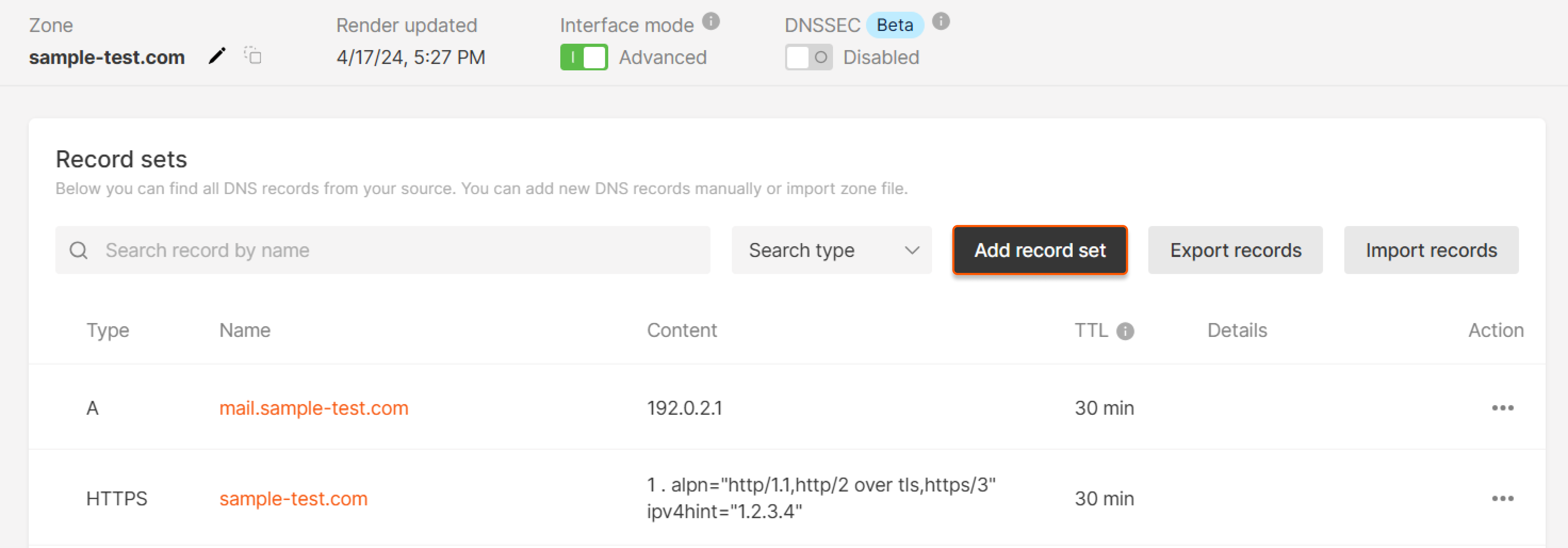 Adding a record set (RRset)