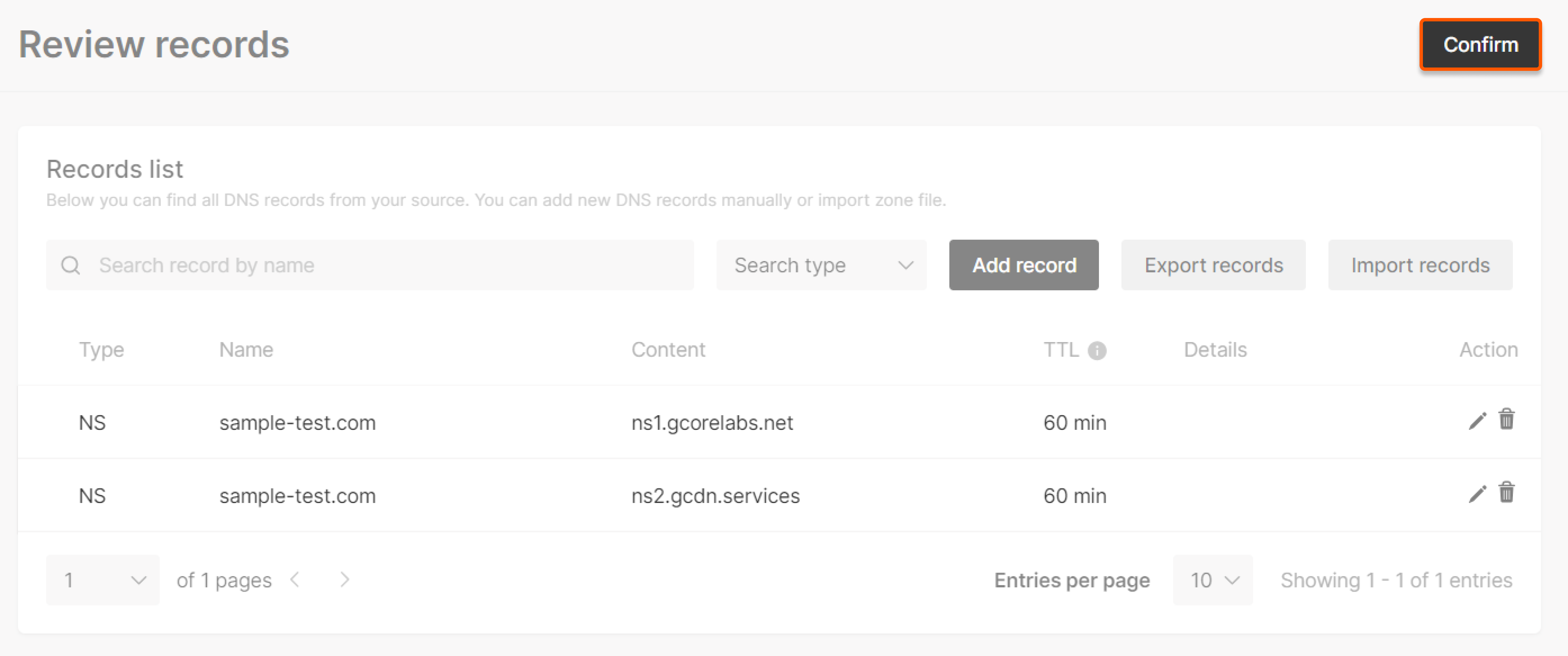 The existing DNS records page