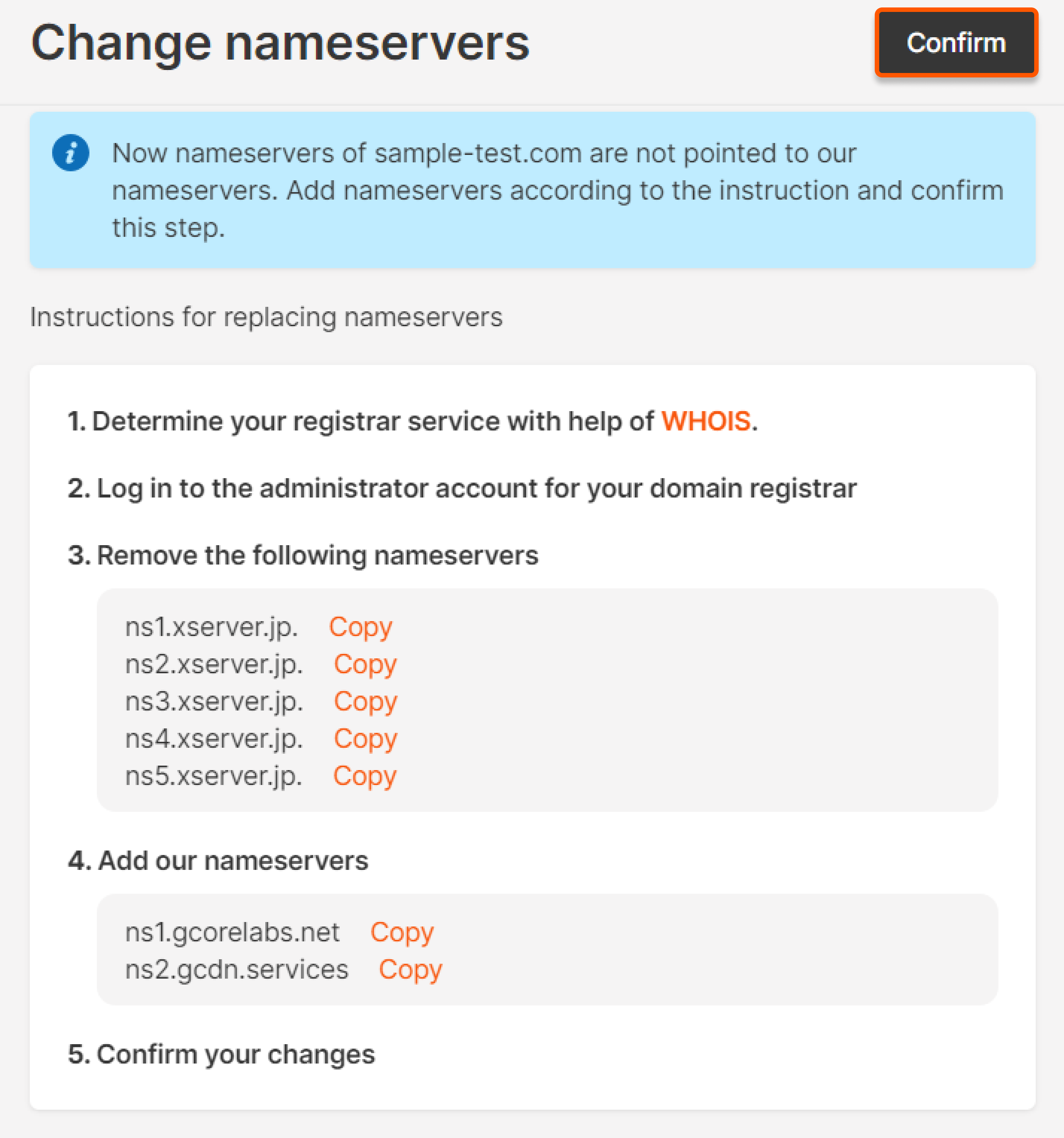 The change nameservers page