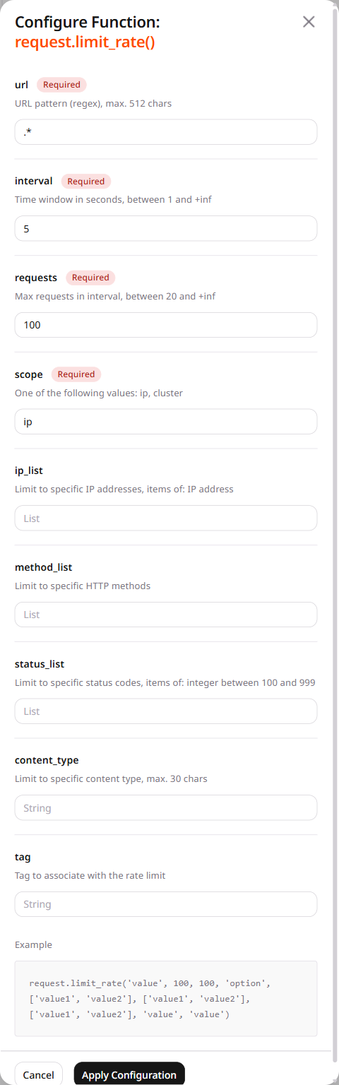 request.limit_rate configuration panel with url, interval, requests, and scope