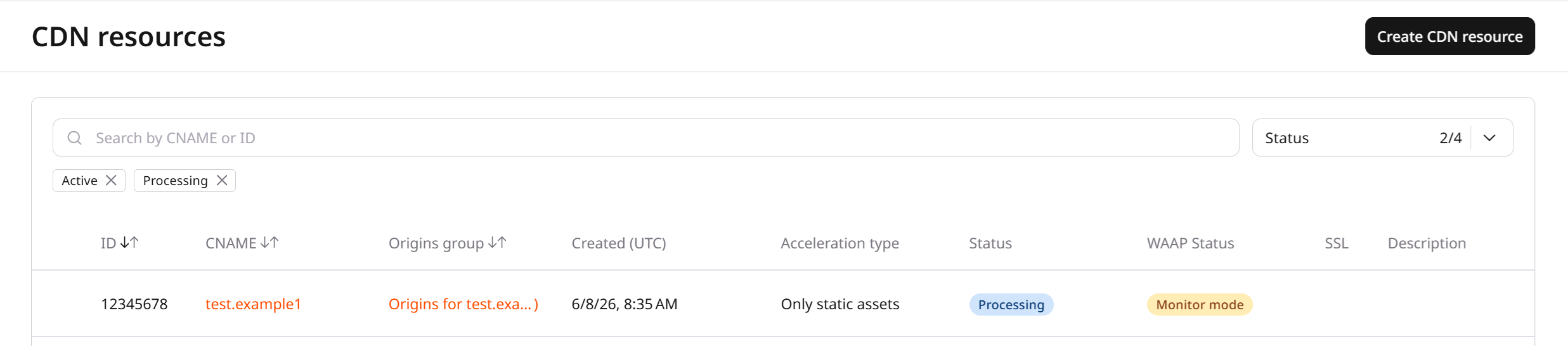 CDN resources list with the Create CDN resource button