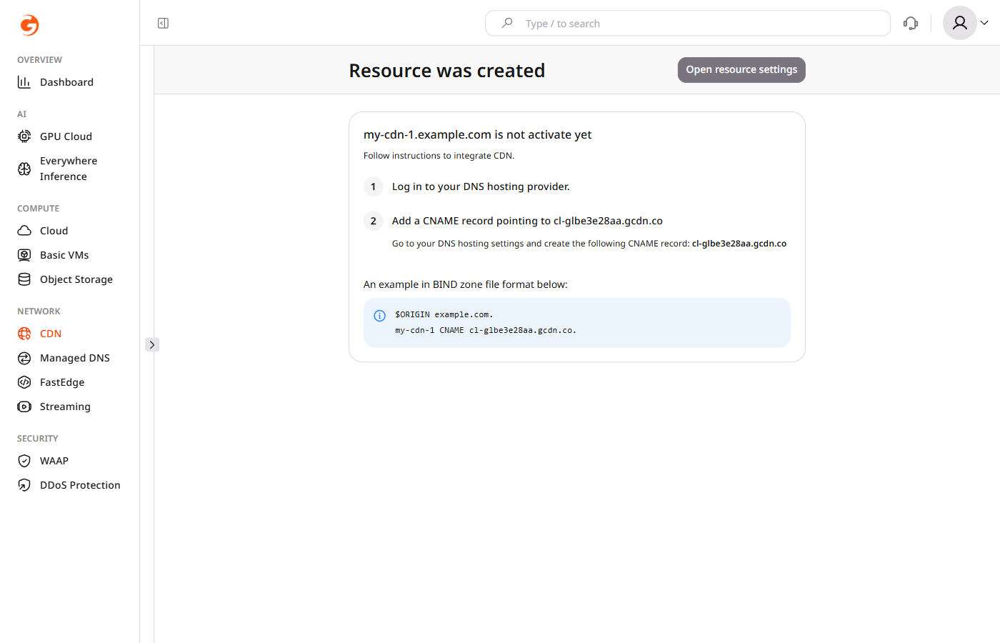 CNAME activation instructions with the generated CDB hostname