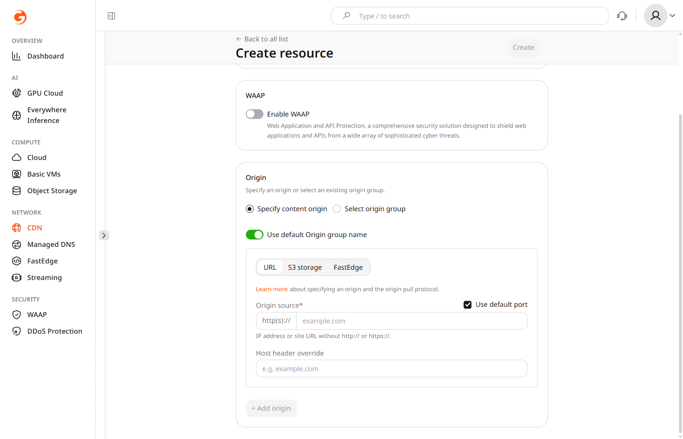 Origin configuration with URL, S3 storage, and CDB EdgeCompute options