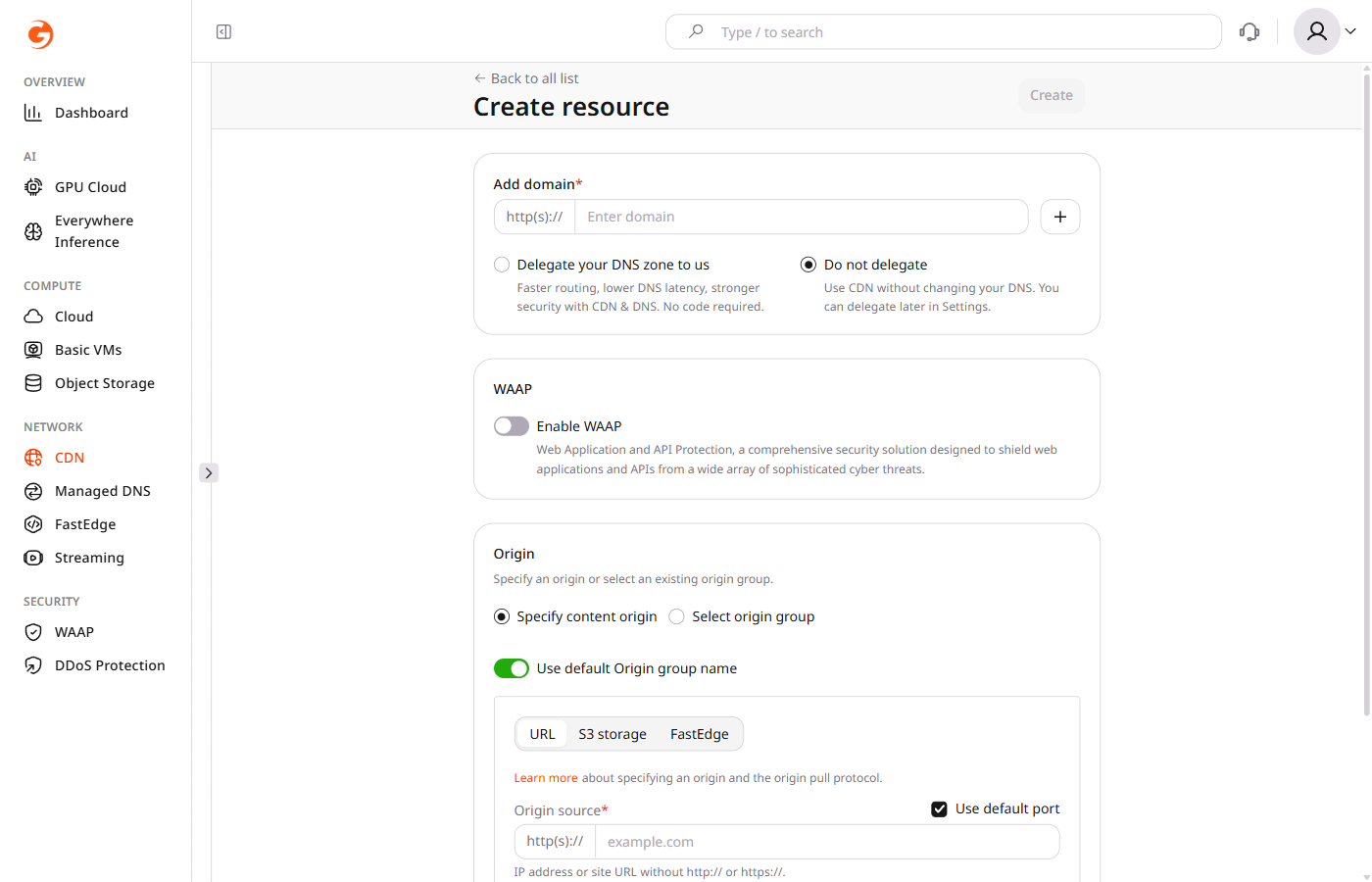 CDN creation form with domain and DNS management options