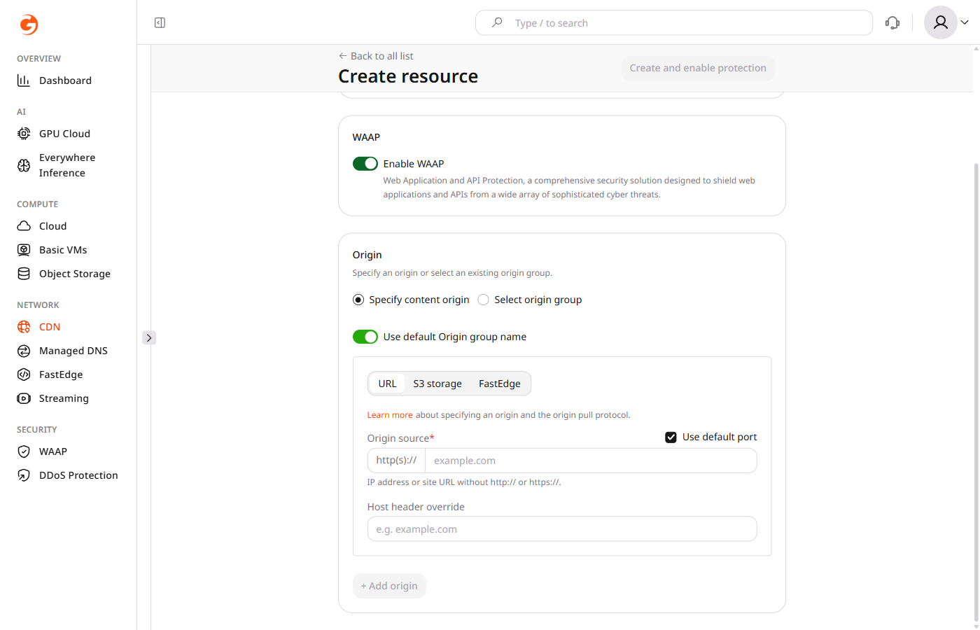 WAAP enabled with the Create and enable protection action